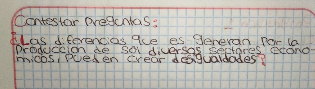 Contestar pregentass 
Las diferencias ace es generan Por la 
produccion de sol diversos sectores econo 
micos, pueden crear desgualdades?