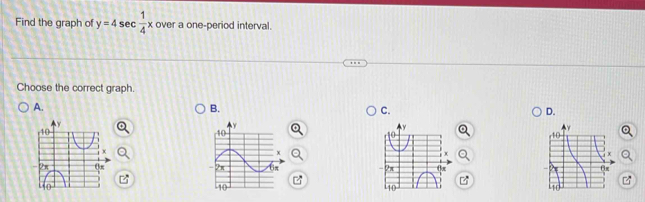 Find the graph of y=4sec  1/4 x over a one-period interval. 
Choose the correct graph. 
A. 
B. 
C. 
D.