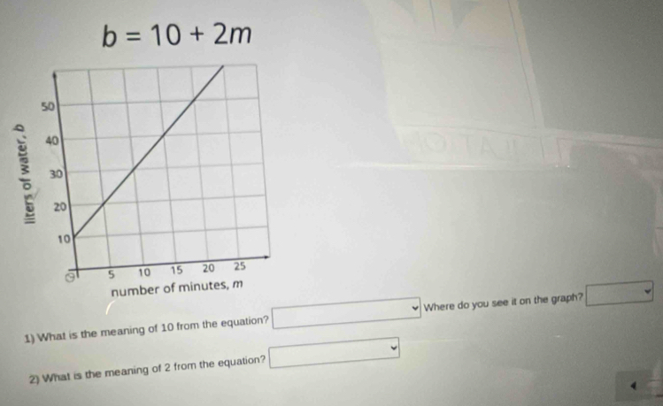 What is the meaning of 10 from the equation? □ Where do you see it on the graph? □
2) What is the meaning of 2 from the equation? □
4