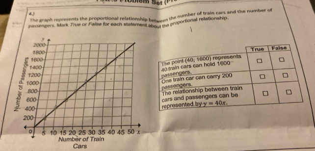 S8m Set
4.)
The graph represents the proportional relationship between the number of train cars and the number of
passengers. Mark 7rue or False for each statement abon ha proportional relationship.
Cars