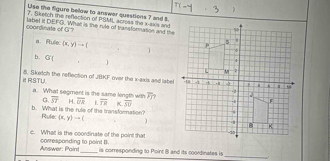 T'(_  
)
Use the figure below to answer questions 7 and 8.
7. Sketch the reflection of PSML across the x-axis and
label it DEFG. What is the rule of transformation and the
coordinate of G' ? 
a. Rule: (x,y)to ()
b. G'()
8. Sketch the reflection of JBKF over the x-axis and label
it RSTU. 
a. What segment is the same length with overline FJ
G. overline ST H. overline UR 1. overline TR K. overline SU
b. What is the rule of the transformation?
Rule: (x,y)to 
)
c. What is the coordinate of the point that
corresponding to point B.
Answer: Point _is corresponding to Point B and its coordinates is
_.