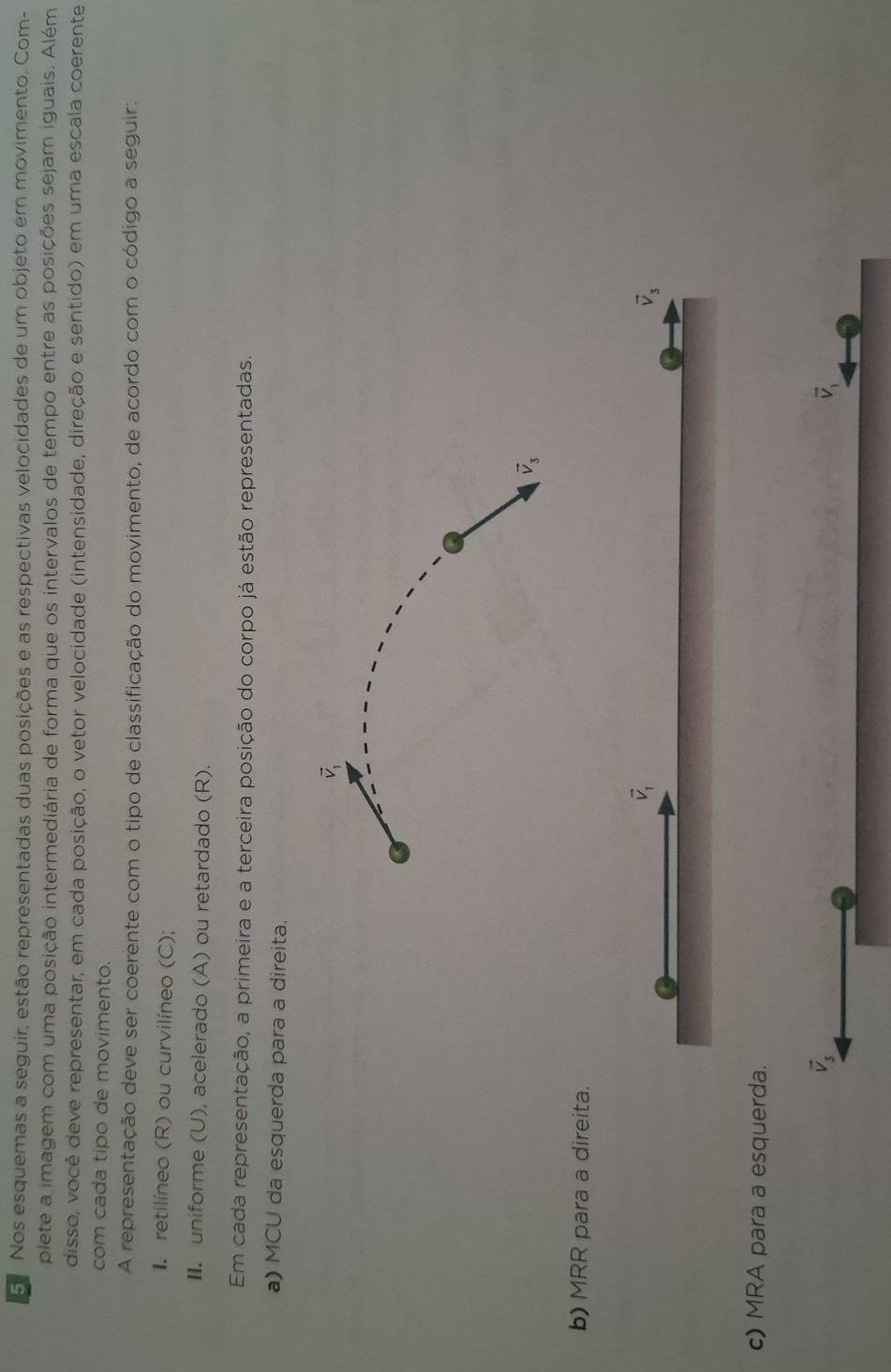 Nos esquemas a seguir, estão representadas duas posições e as respectivas velocidades de um objeto em movimento. Com- 
plete a imagem com uma posição intermediária de forma que os intervalos de tempo entre as posições sejam iguais. Além 
disso, você deve representar, em cada posição, o vetor velocidade (intensidade, direção e sentido) em uma escala coerente 
com cada tipo de movimento. 
A representação deve ser coerente com o tipo de classificação do movimento, de acordo com o código a seguir: 
I. retilíneo (R) ou curvilíneo (C); 
II. uniforme (U), acelerado (A) ou retardado (R). 
Em cada representação, a primeira e a terceira posição do corpo já estão representadas. 
a) MCU da esquerda para a direita.
vector v_1
vector v_3
b) MRR para a direita.
vector V_1
vector v_3
c) MRA para a esquerda.
vector V_5
vector v_1