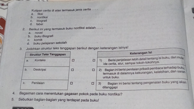 Kutipan cerita di atas termasuk jenis cerita . . . .
a. fiks
b. nonfiksi
c. biografi
d. fabel
2. Berikut ini yang termasuk buku nonfiksi adalah . . . .
a. novel
b. buku Biografi
c. komik
d. buku pelajaran sekolah
3. Jodohkan struktur teks tanggapan berikut dengan keterangan isinya!
Struktur Teks Tanggapan Keterangan Isi
a; Konteks
1) Berisi penjelasan lebih detail tentang isi buku, dari mu
ide cerita, alur, sampai tokoh-tokohnya.
b. Deskripsi 2) Bagian ini berisi penilaian pribadi pembaca terhadap buk
termasuk di dalamnya kekurangan, kelebihan, dan saran
untuk buku.
c. Penilaian 3) Bagian ini berisi tentang pengenalan buku yang akan
ditanggapi
4. Bagaiman cara menentukan gagasan pokok pada buku nonfiksi?
5. Sebutkan bagian-bagian yang terdapat pada buku!