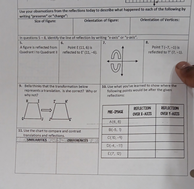 Use your observations from the reflections today to describe what happened to each of the following by 
writing “preserve” or “change”: 
Size of Figure: Orientation of Figure: Orientation of Vertices: 
In questions 5 - 8, identify the line of reflection by writing “x-axis” or “y-axis”. 
5. 
6. 
7. 
8. 
A figure is reflected from Point E(11,6) is Point T(-7,-1) is 
Quadrant I to Quadrant II reflected to E'(11,-6). reflected to T'(7,-1). 
9. Bella thinks that the transformation below 10. Use what you’ve learned to show where the 
represents a translation. Is she correct? Why or following points would be after the given 
why not? reflections: 
H_ I r H°
REFLECTION REFLECTION 
PRE-IMAGE OVER X-AXIS OVER Y-AXIS 
G 6'
_ A(6,8)
11. Use the chart to compare and contrast B(-5,1)
translations and reflections. 
SIMILARITIES DIFFERENCES C(10,-9)
D(-4,-11)
E(7,12)