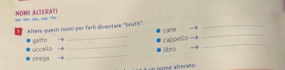 NOMI ALTERATI 
Altera questi nomi per farli diventare “brutti”. 
cane 
_ 
_ 
_ 
gatto _cappello 
_ 
uccello libro 
strega 
_ 
u n nome alterato.