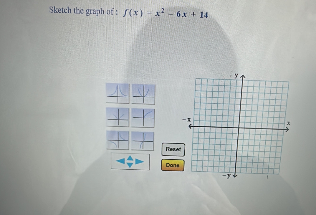 Sketch the graph of : f(x)=x^2-6x+14
Reset 
Done