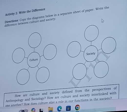 Activity 2. Write the Difference 
Directions: Copy the diagrams below in a separate sheet of paper. Write the 
difference between culture and society. 
Culture Society 
How are culture and society defined from the perspectives of 
Anthropology and Sociology? How are culture and society interlinked with 
one another? How does culture plav a role in our functions in the society?