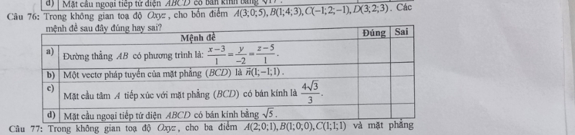 Mặt câu ngoại tiếp tử diện ABCD có bản kinh bằng V17.
Câu 76: Trong không gian toạ độ Oxyz , cho bốn điểm A(3;0;5),B(1;4;3),C(-1;2;-1),D(3;2;3). Các