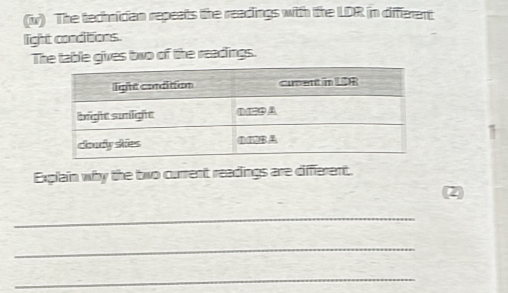 The technician repeats the reacings with the LDR in different 
light conditions. 
The table gives two of the readings. 
Explain why the two current readings are diffferent. 
(2) 
_ 
_ 
_