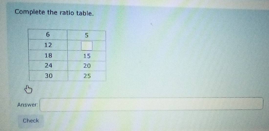 Complete the ratio table.
Answer: □ d= □ /□  
Check