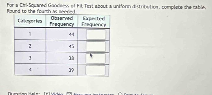 For a Chi-Squared Goodness of Fit Test about a uniform distribution, complete the table. 
Round to the fourth a 
Question Heln: Viden