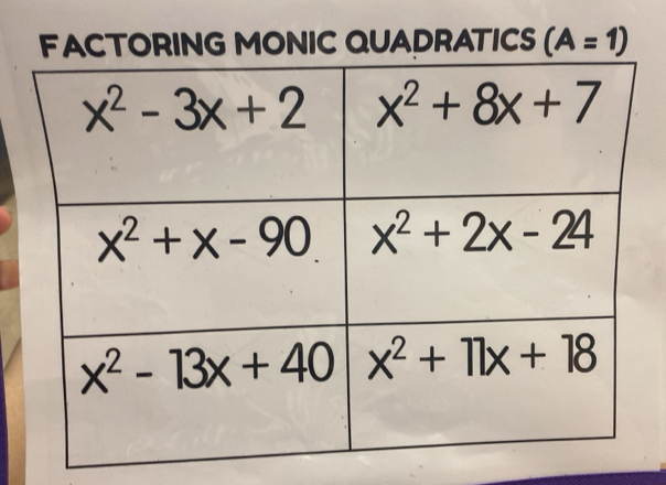 FACTORING MONIC QUADRATICS (A=1)