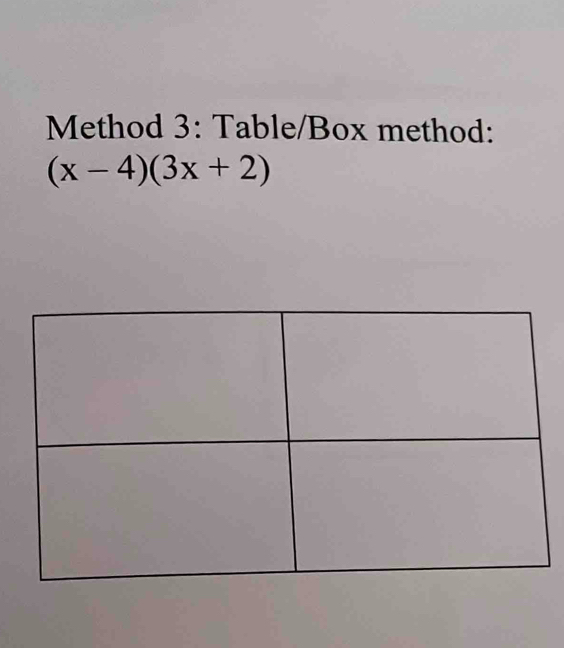 Method 3: Table/Box method:
(x-4)(3x+2)