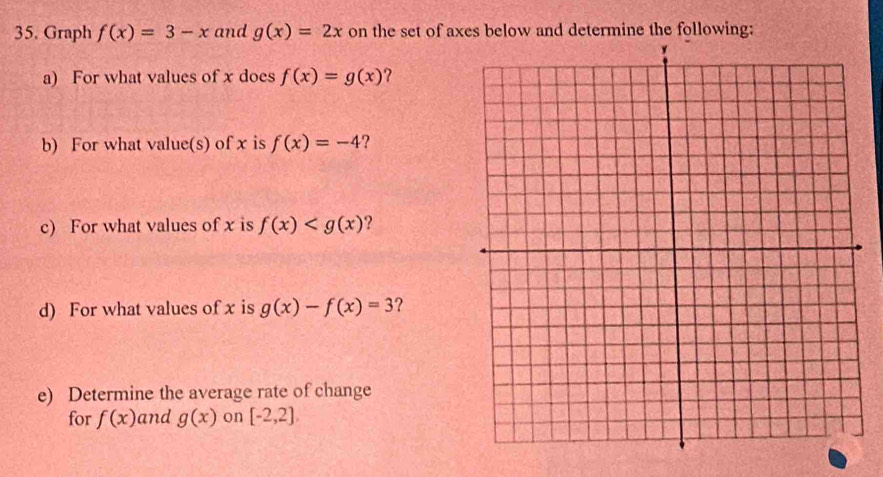 Graph f(x)=3-x and g(x)=2x on the set of axes below and determine the following: 
a) For what values of x does f(x)=g(x) ? 
b) For what value(s) of x is f(x)=-4 ? 
c) For what values of x is f(x) ? 
d) For what values of x is g(x)-f(x)=3 ? 
e) Determine the average rate of change 
for f(x) and g(x) on [-2,2]