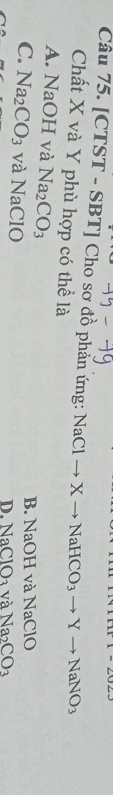 [CTST - SBT] Cho sơ đồ phẩn ứng: NaClto Xto NaHCO_3to Yto NaNO_3
Chất X và Y phù hợp có thể là
A. NaOH và Na_2CO_3
B. NaOH và NaClO
C. Na_2CO_3 và NaClO
D. NaClO_3 và Na_2CO_3