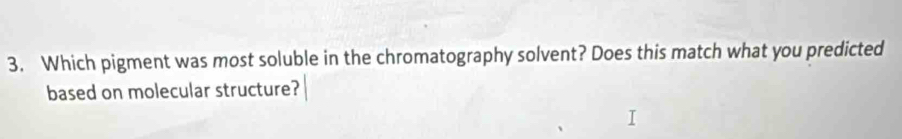 Which pigment was most soluble in the chromatography solvent? Does this match what you predicted 
based on molecular structure?