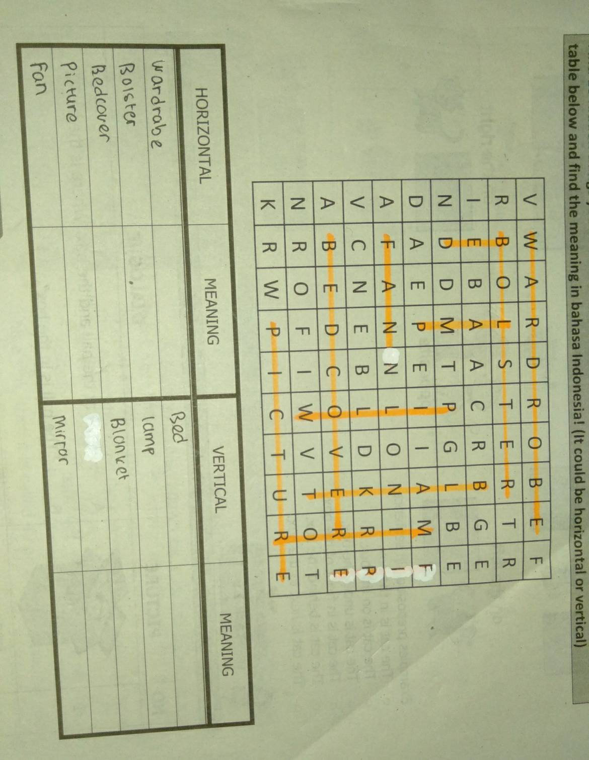 table below and find the meaning in bahasa Indonesia! (It could be horizontal or vertical)