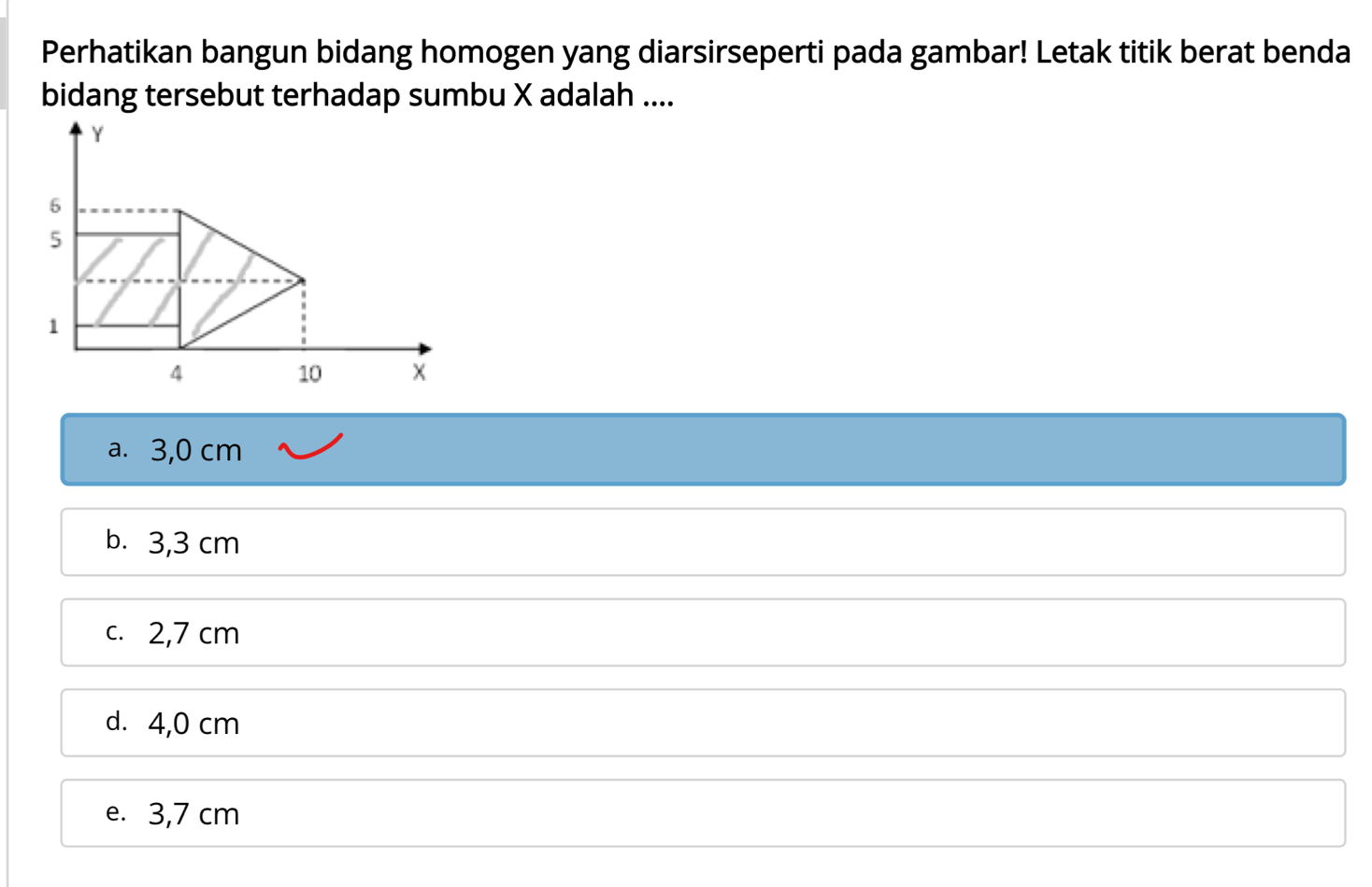 Perhatikan bangun bidang homogen yang diarsirseperti pada gambar! Letak titik berat benda
bidang tersebut terhadap sumbu X adalah ....
Y
6
5
1
4
10
a. 3,0 cm
b. 3,3 cm
c. 2,7 cm
d. 4,0 cm
e. 3,7 cm