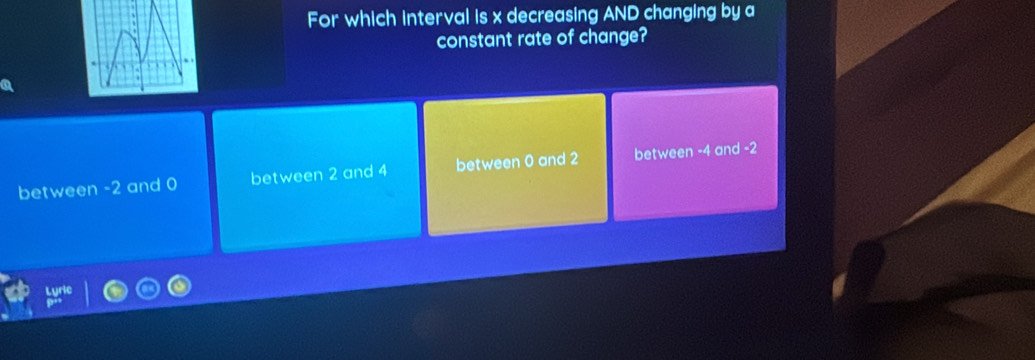 For which interval is x decreasing AND changing by a
constant rate of change?
between -2 and 0 between 2 and 4 between 0 and 2 between -4 and -2