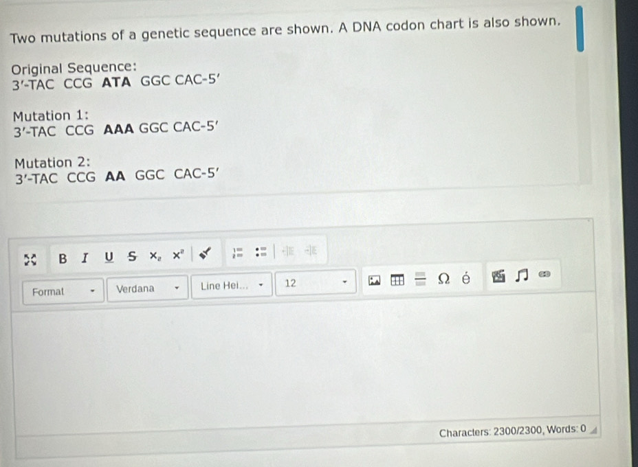 Solved: Two mutations of a genetic sequence are shown. A DNA codon ...