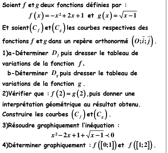 Soient fetgdeux fonctions définies par :
f(x)=-x^2+2x+1 et g(x)=sqrt(x-1)
Et soient (C_f) et · (C_g) les courbes respectives des 
fonctions fetgdans un repère orthonormé (O;vector i;vector j). 
1)a-Déterminer D,puis dresser le tableau de 
variations de la fonction f. 
b-Déterminer D_g puis dresser le tableau de 
variations de la fonction g. 
2)Vérifier que : f(2)=g(2) ,puis donner une 
interprétation géométrique au résultat obtenu. 
Construire les courbes (C_f) et (C_g). 
3)Résoudre graphiquement l'inéquation :
x^2-2x+1+sqrt(x-1)<0</tex> 
4)Déterminer graphiquement : f([0;1]) et f([1;2]).