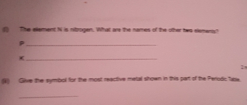 The ellement N is rbrogen. What are the names of the other two elemens? 
_P 
_K 
2 
(1) Give the symbol for the most reactive metal shown in this part of the Perodic Table. 
_