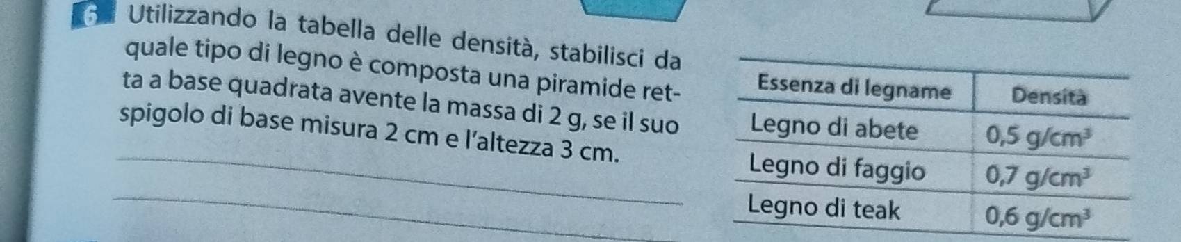 3ª Utilizzando la tabella delle densità, stabilisci da
quale tipo di legno è composta una piramide ret-
ta a base quadrata avente la massa di 2 g, se il suo
spigolo di base misura 2 cm e l’altezza 3 cm.
_
_