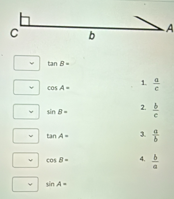 tan B=
cos A=
1.  a/c 
sin B=
2.  b/c 
tan A=
3.  a/b 
cos B=
4.  b/a 
sin A=