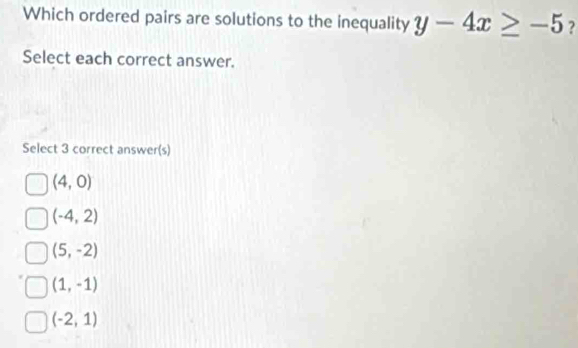 Which ordered pairs are solutions to the inequality y-4x≥ -5 ?
Select each correct answer.
Select 3 correct answer(s)
(4,0)
(-4,2)
(5,-2)
(1,-1)
(-2,1)