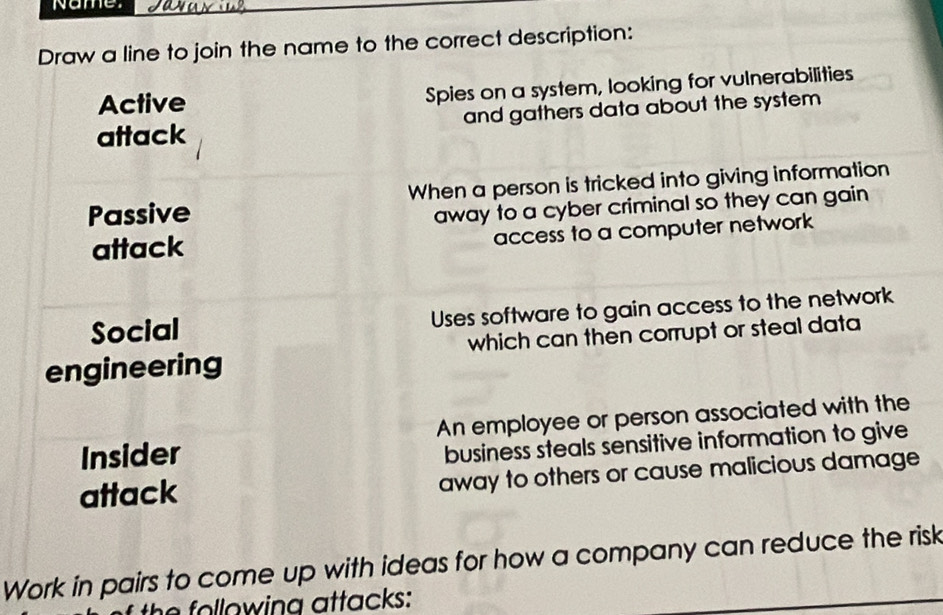 Name.
Draw a line to join the name to the correct description:
Active Spies on a system, looking for vulnerabilities
attack and gathers data about the system
Passive When a person is tricked into giving information
away to a cyber criminal so they can gain 
attack
access to a computer network
Social Uses software to gain access to the network
engineering which can then corrupt or steal data
Insider An employee or person associated with the
business steals sensitive information to give
attack away to others or cause malicious damage
Work in pairs to come up with ideas for how a company can reduce the risk
he following attacks :