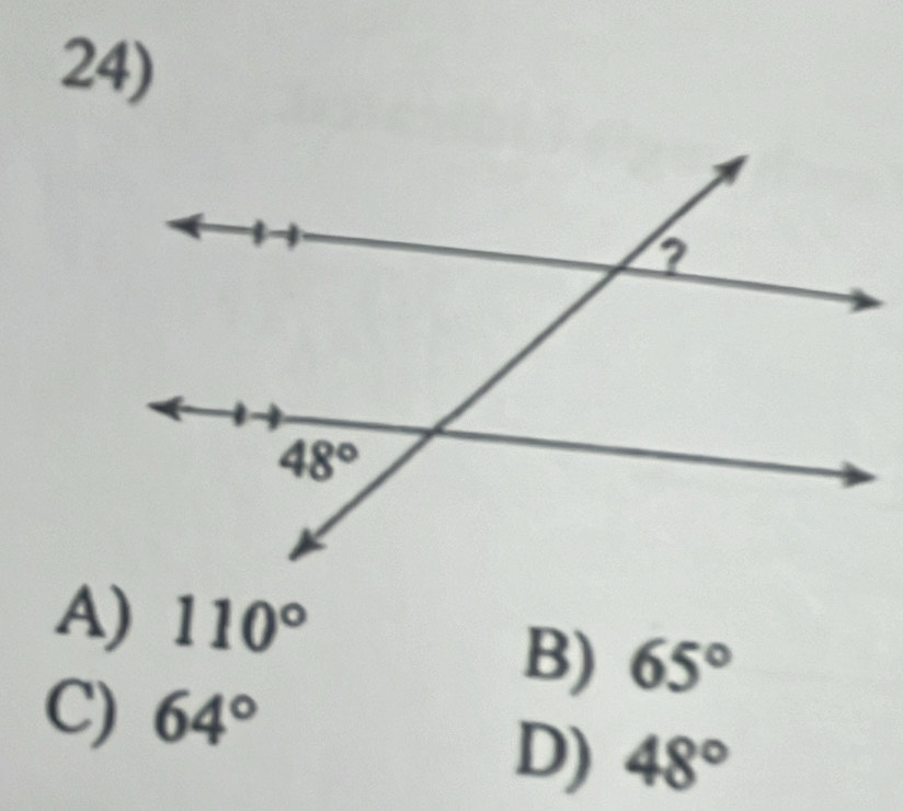 A) 110°
B) 65°
C) 64°
D) 48°