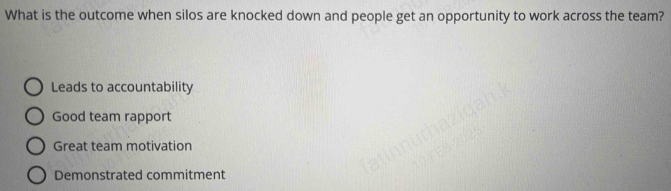 What is the outcome when silos are knocked down and people get an opportunity to work across the team?
Leads to accountability
Good team rapport
Great team motivation
Demonstrated commitment