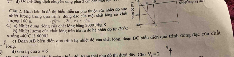 Để pit-tông dịch chuyên sang phải 2 cm can một lự 10
Câu 2. Hình bên là đồ thị biểu diễn sự phụ thuộc của nhiệt độ vào 
nhiệt lượng trong quá trình đông đặc của một chất lóng có khối 
lượng 100 g. 
a) Nhiệt dung riêng của chất lỏng bằng 2000 J/kg.K 
b) Nhiệt lượng của chất lỏng trên tỏa ra đễ hạ nhiệt độ từ -20°C
xuống -40^0C là 6000J
c) Đoạn AB biểu diễn quá trình hạ nhiệt độ của chất lòng, đoạn BC biểu diễn quá trình đông đặc của chất 
lỏng. 
d) Giá trị của x=6
diển đổi trang thái như đồ thị dưới đây. Cho V_1=2