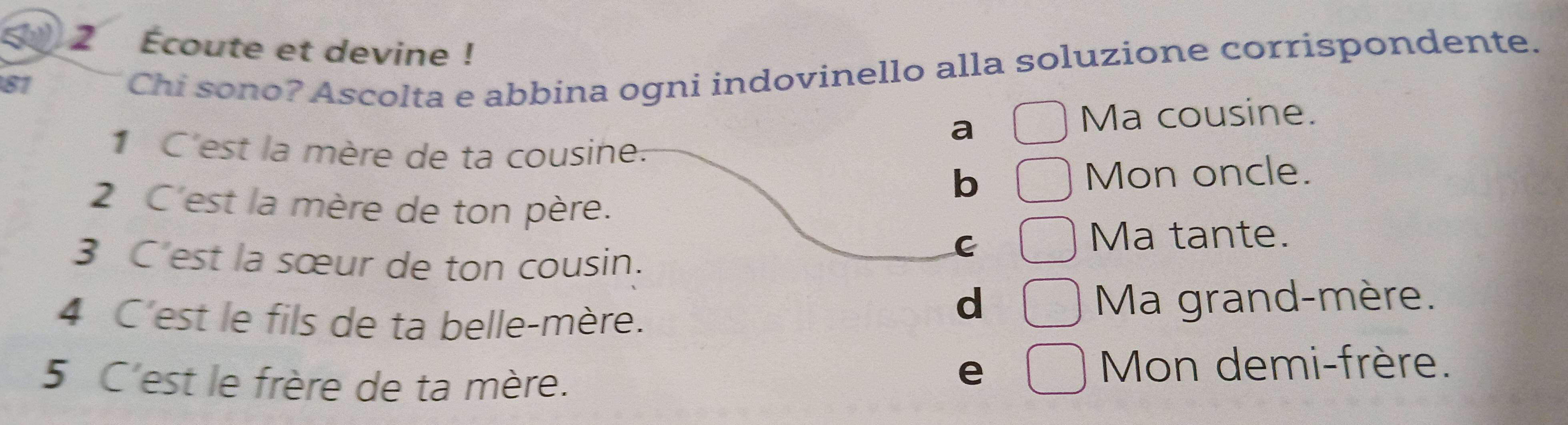 2 Écoute et devine !
81
Chi sono? Ascolta e abbina ogni indovinello alla soluzione corrispondente.
a
Ma cousine.
1 C'est la mère de ta cousine.
b
Mon oncle.
2 C'est la mère de ton père.
Ma tante.
3 C est la sœur de ton cousin.
C
d
4 C'est le fils de ta belle-mère. Ma grand-mère.
5 C'est le frère de ta mère.
e
Mon demi-frère.