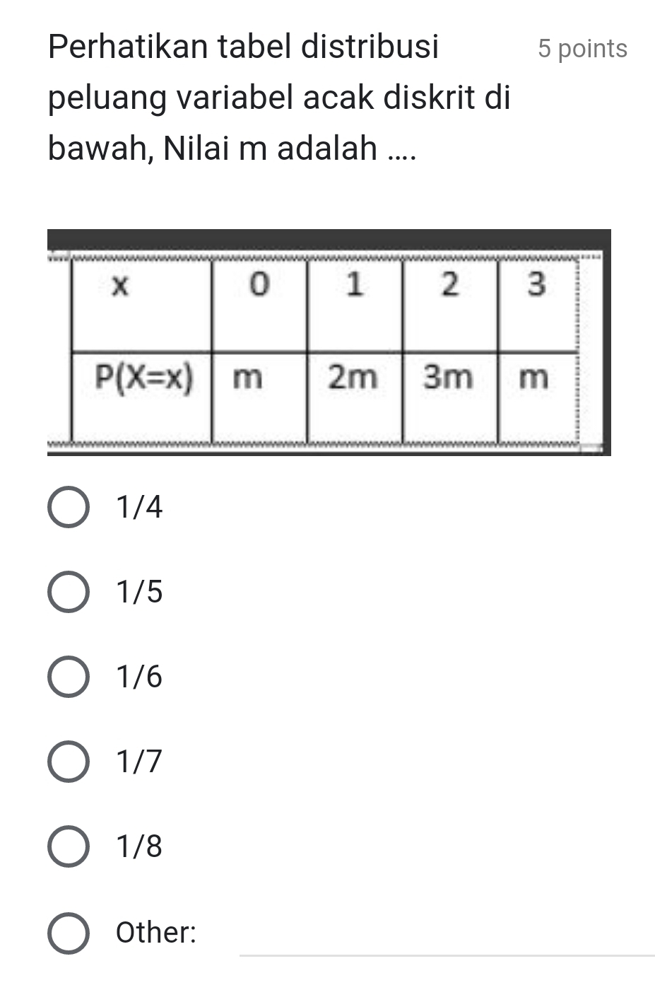 Perhatikan tabel distribusi 5 points
peluang variabel acak diskrit di
bawah, Nilai m adalah ....
1/4
1/5
1/6
1/7
1/8
_
Other: