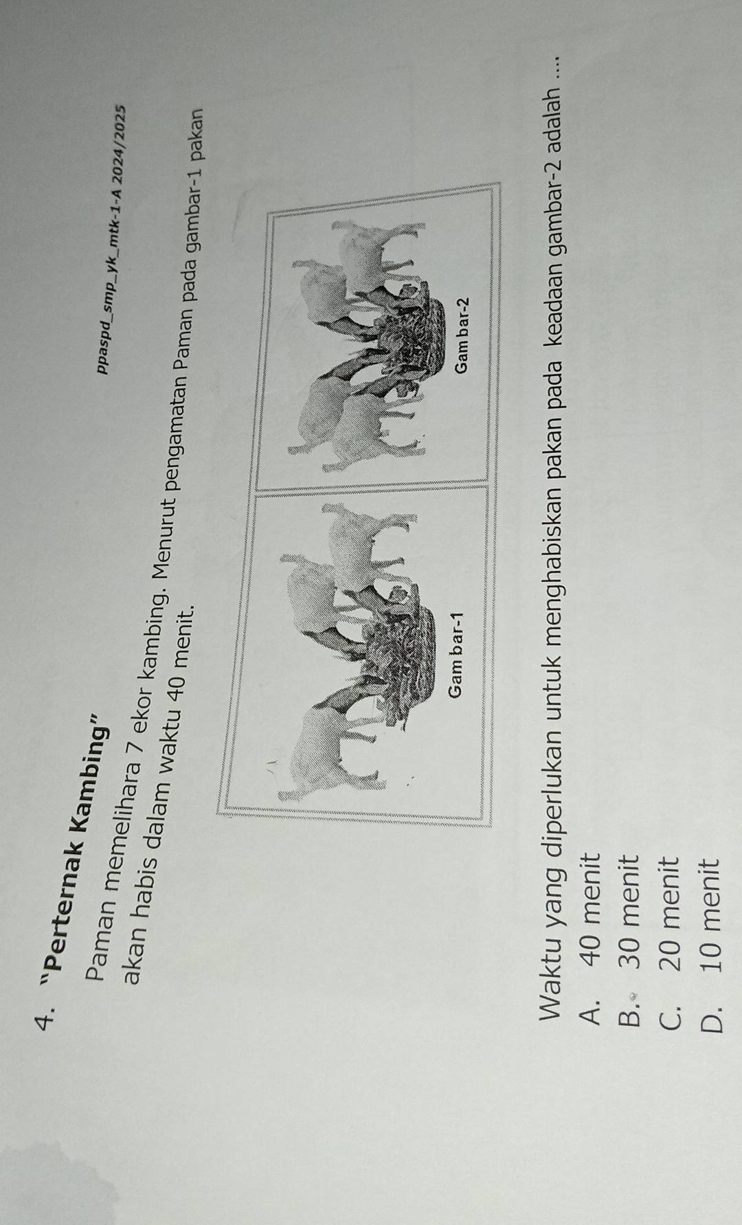 “Perternak Kambing”
ppaspd_smp_yk_mtk-1-A 2024/2025
Paman memelihara 7 ekor kambing. Menurut pengamatan Paman pada gambar- 1 pakan
akan habis dalam waktu 40 menit.
Waktu yang diperlukan untuk menghabiskan pakan pada keadaan gambar- 2 adalah ....
A. 40 menit
B. 30 menit
C. 20 menit
D. 10 menit