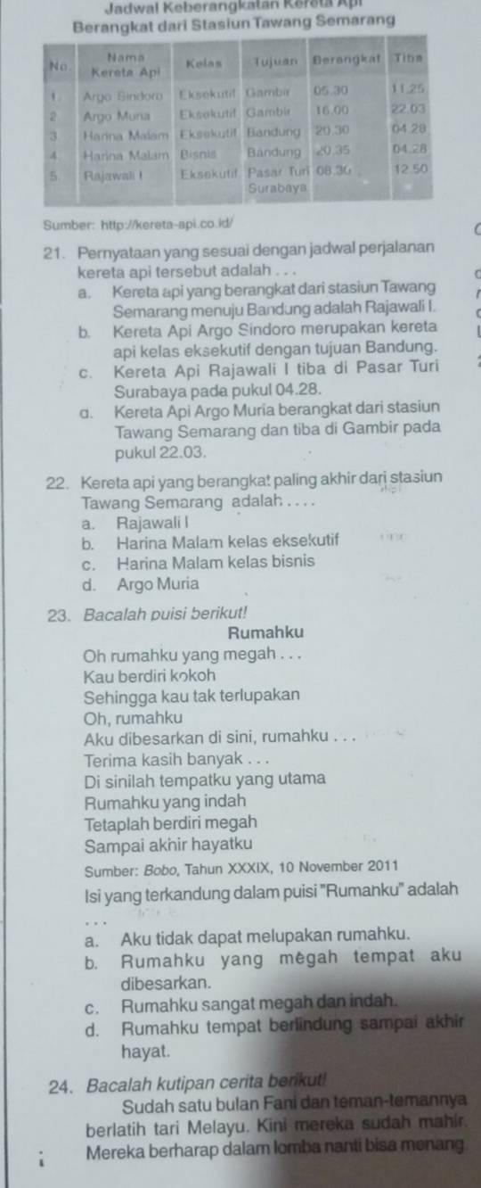 Jadwal K eberangkatan  K ers ta Api
t dari Stasiun Tawang Semarang
Sumber: http://kereta-api.co.id/
21. Pernyataan yang sesuai dengan jadwal perjalanan
kereta api tersebut adalah . . .
a. Kereta api yang berangkat dari stasiun Tawang
Semarang menuju Bandung adalah Rajawali I.
b. Kereta Api Argo Sindoro merupakan kereta
api kelas eksekutif dengan tujuan Bandung.
c. Kereta Api Rajawali I tiba di Pasar Turi
Surabaya pada pukul 04.28.
d. Kereta Api Argo Muria berangkat dari stasiun
Tawang Semarang dan tiba di Gambir pada
pukul 22.03.
22. Kereta api yang berangkat paling akhir dari stasiun
Tawang Semarang adalah . . . .
a. Rajawali l
b. Harina Malam kelas eksekutif
c. Harina Malam kelas bisnis
d. Argo Muria
23. Bacalah puisi berikut!
Rumahku
Oh rumahku yang megah . . .
Kau berdiri kokoh
Sehingga kau tak terlupakan
Oh, rumahku
Aku dibesarkan di sini, rumahku . . .
Terima kasih banyak . . .
Di sinilah tempatku yang utama
Rumahku yang indah
Tetaplah berdiri megah
Sampai akhir hayatku
Sumber: Bobo, Tahun XXXIX, 10 November 2011
Isi yang terkandung dalam puisi ''Rumanku'' adalah
a. Aku tidak dapat melupakan rumahku.
b. Rumahku yang megah tempat aku
dibesarkan.
c. Rumahku sangat megah dan indah.
d. Rumahku tempat berlindung sampai akhir
hayat.
24. Bacalah kutipan cerita berikut!
Sudah satu bulan Fani dan teman-temannya
berlatih tari Melayu. Kini mereka sudah mahir.
Mereka berharap dalam lomba nanti bisa menang