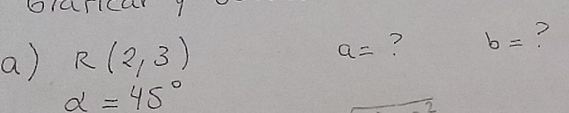 oraricar y 
a) R(2,3) a= ? b= ?
alpha =45°