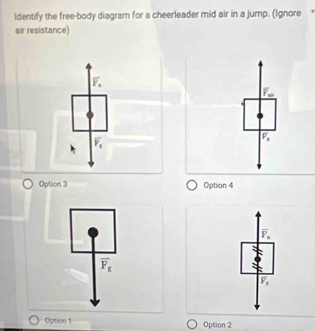 ldentify the free-body diagram for a cheerleader mid air in a jump. (Ignore *
air resistance)
overline F_n
overline F_sin 
overline F_g
overline F_x
Option 3 Option 4
overline F_n
vector F_g
vector F_8
Option 1 Option 2