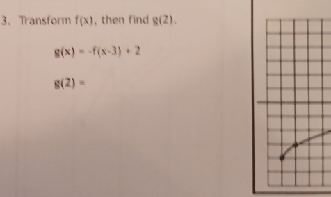 Transform f(x) , then find g(2).
g(x)=-f(x-3)+2
g(2)=