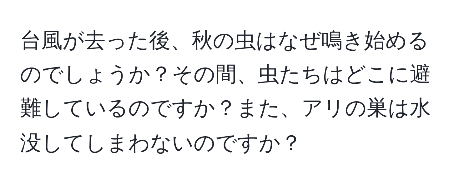 台風が去った後、秋の虫はなぜ鳴き始めるのでしょうか？その間、虫たちはどこに避難しているのですか？また、アリの巣は水没してしまわないのですか？