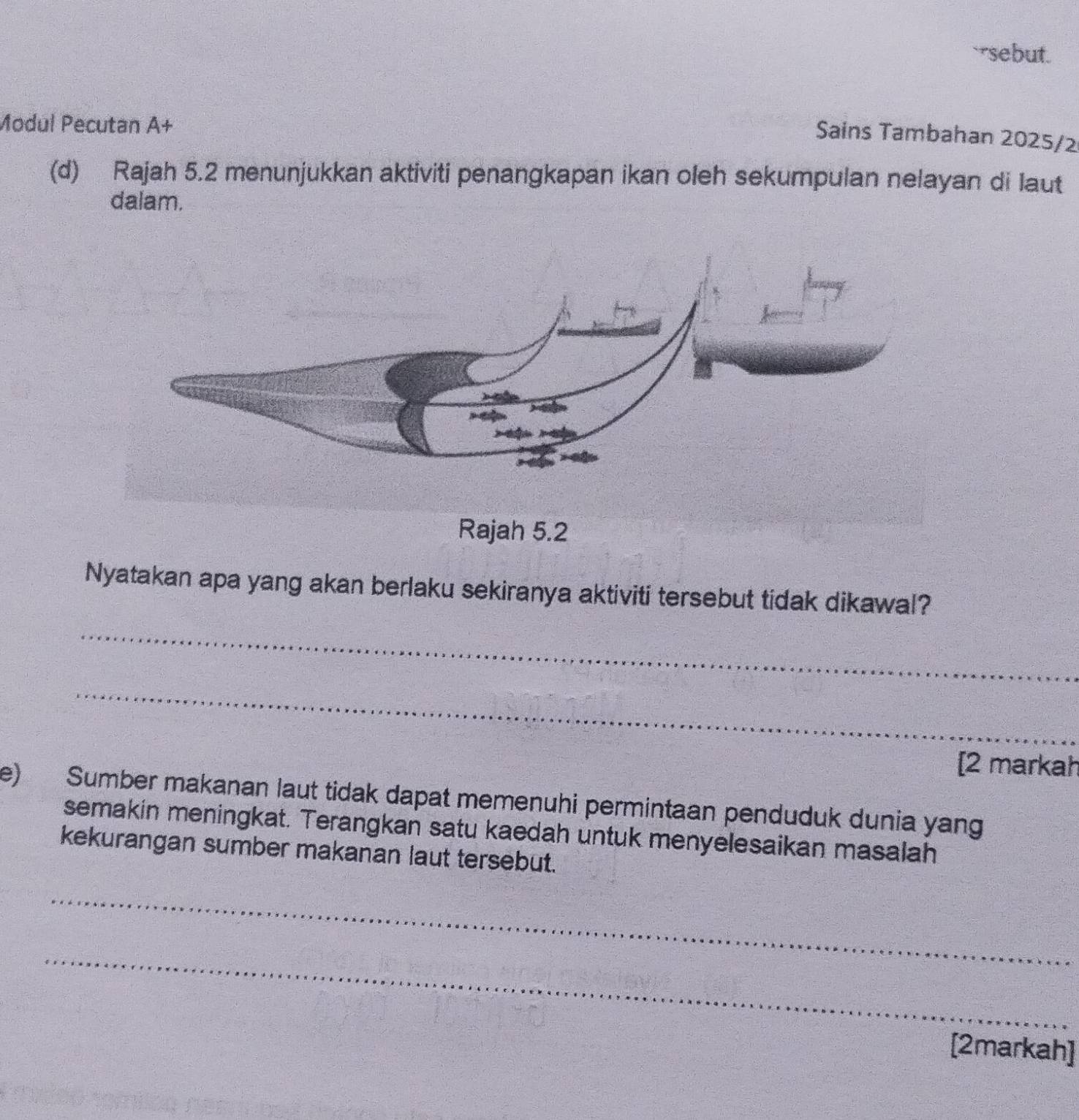 sebut. 
Modul Pecutan A+ 
Sains Tambahan 2025/2 
(d) Rajah 5.2 menunjukkan aktiviti penangkapan ikan oleh sekumpulan nelayan di laut 
dalam. 
Nyatakan apa yang akan berlaku sekiranya aktiviti tersebut tidak dikawal? 
_ 
_ 
[2 markah 
e) Sumber makanan laut tidak dapat memenuhi permintaan penduduk dunia yang 
semakin meningkat. Terangkan satu kaedah untuk menyelesaikan masalah 
kekurangan sumber makanan laut tersebut. 
_ 
_ 
[2markah]