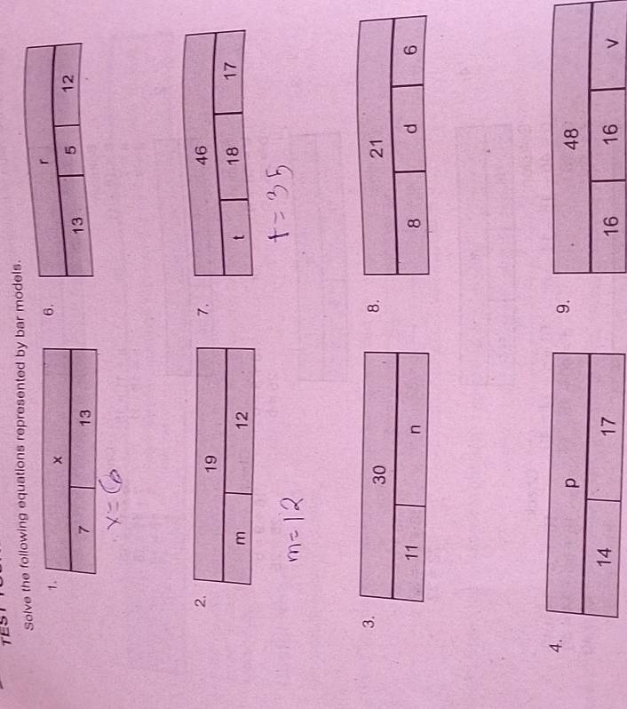 TES 
Solve the following equations represented by bar models. 
6. 
7. 
3 
8 
4 
9