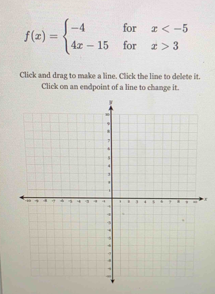 f(x)=beginarrayl -4forx 3endarray.
Click and drag to make a line. Click the line to delete it. 
Click on an endpoint of a line to change it.
x