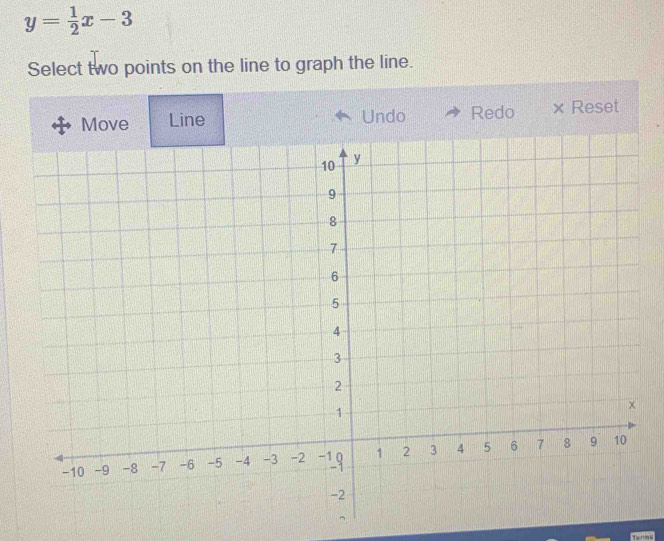 y= 1/2 x-3
Select two points on the line to graph the line. 
Move Line Undo Redo × Reset