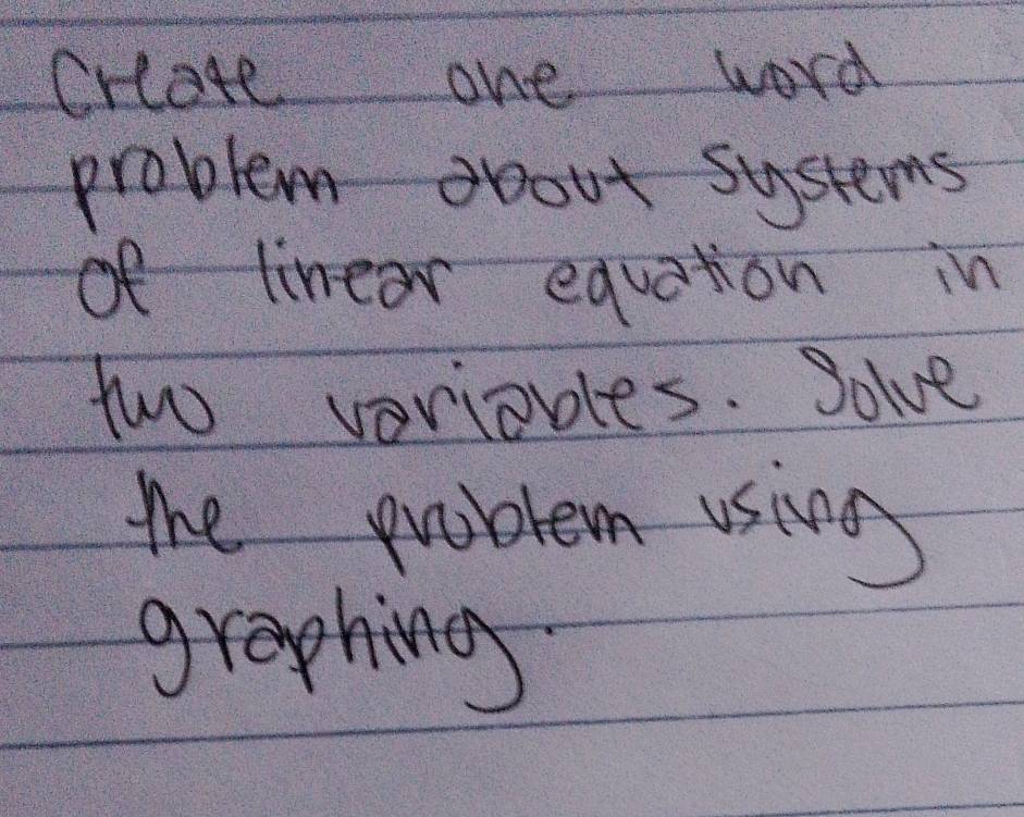 crlate one word 
problem about systems 
of linear equation in 
two veriables. Solve 
the problem using 
graphing