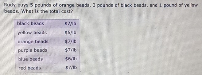 Rudy buys 5 pounds of orange beads, 3 pounds of black beads, and 1 pound of yellow 
beads. What is the total cost?