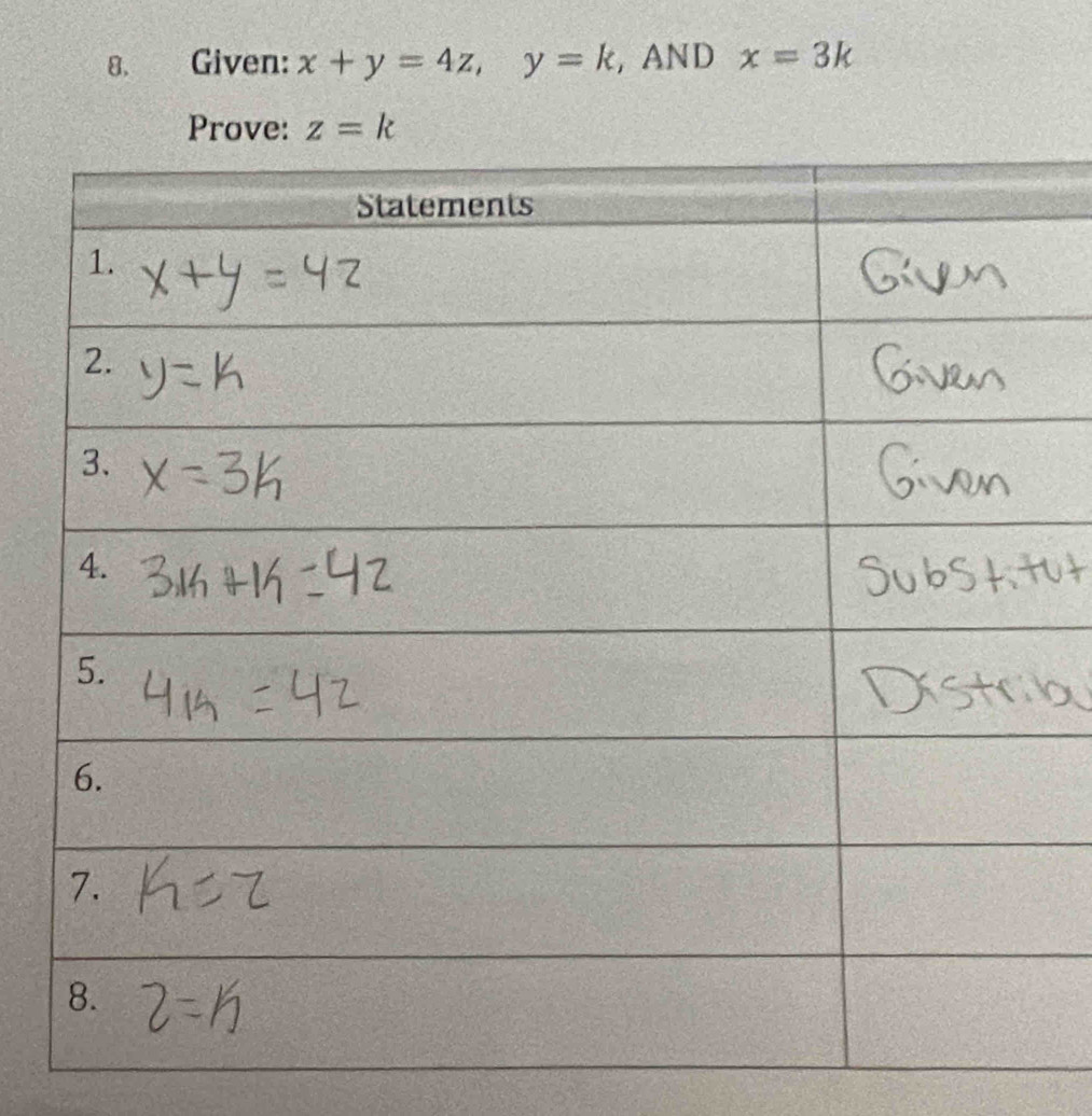 Given: x+y=4z, y=k , AND x=3k
Prove: z=k