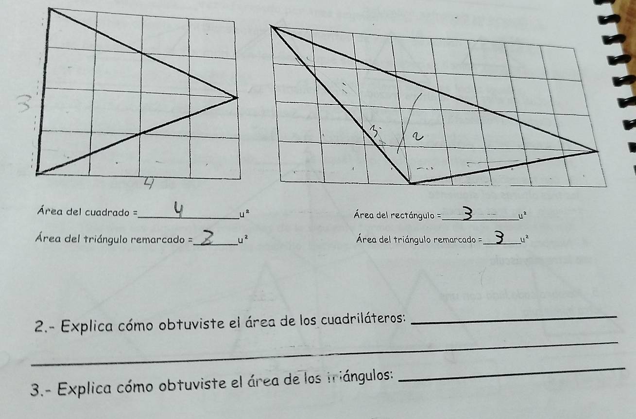 Área del cuadrado =_ u^2 Área del rectángulo = == _ U^2
Área del triángulo remarcado =_ u^2 Área del triángulo remarcado == _ u^2
_ 
_ 
2.- Explica cómo obtuviste el área de los cuadriláteros: 
3.- Explica cómo obtuviste el área de los triángulos: 
_