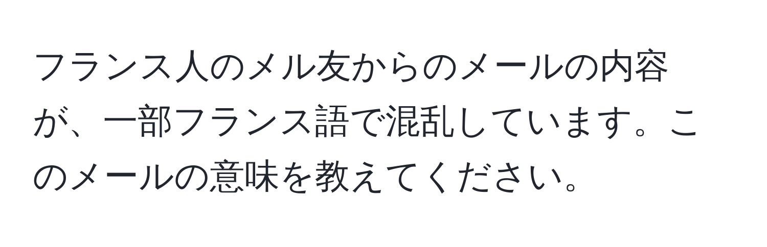 フランス人のメル友からのメールの内容が、一部フランス語で混乱しています。このメールの意味を教えてください。